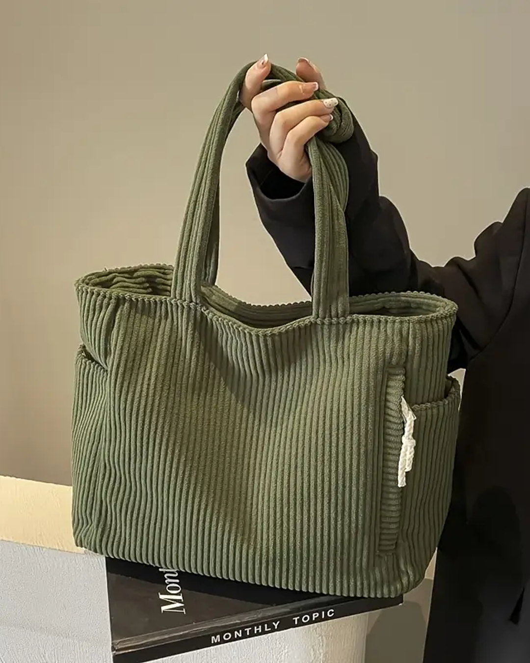SOCIANI | Trending Ribbed Tote Bag with Drawstring Detail