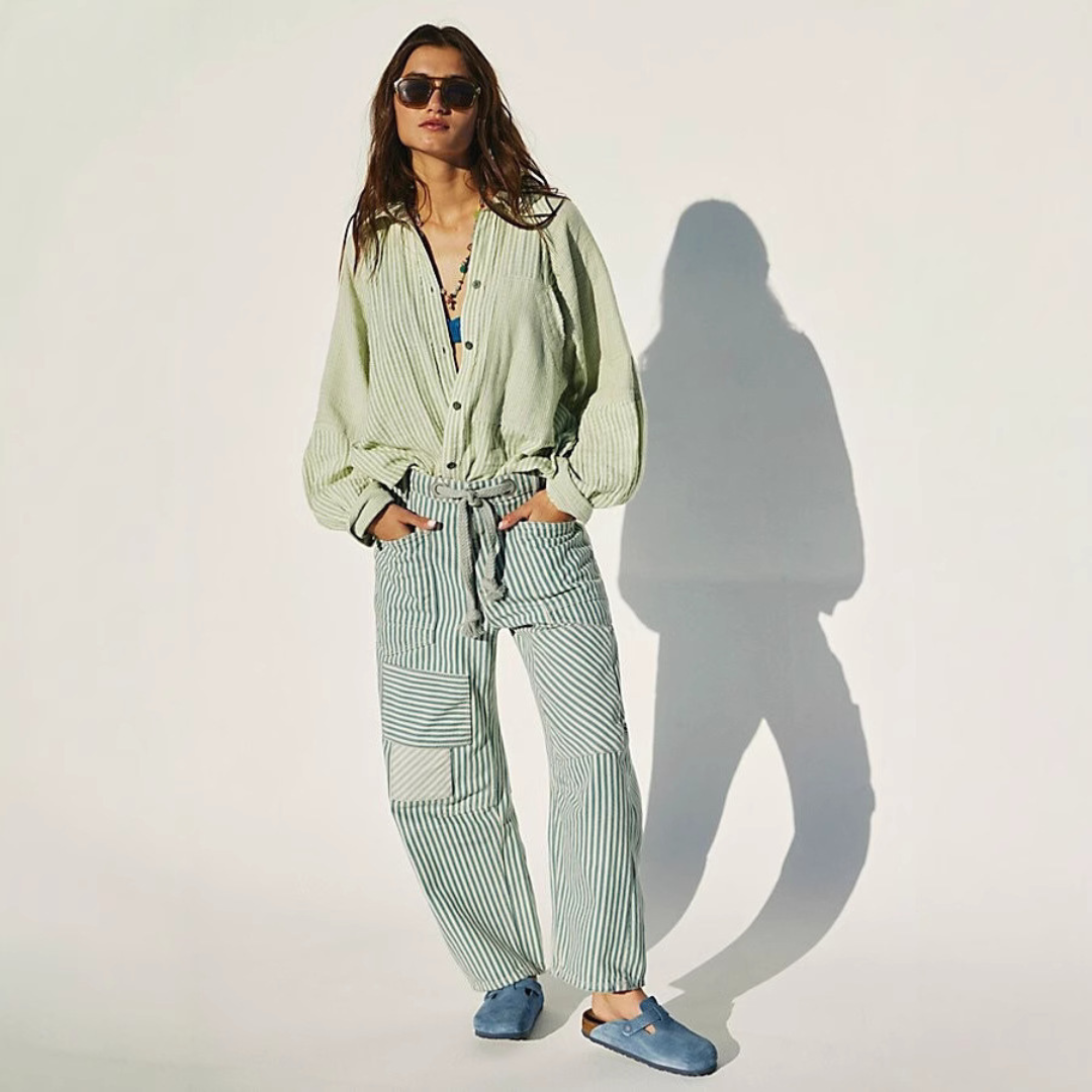Perlah | Chic Stripe Drawstring Wide-Leg Pants