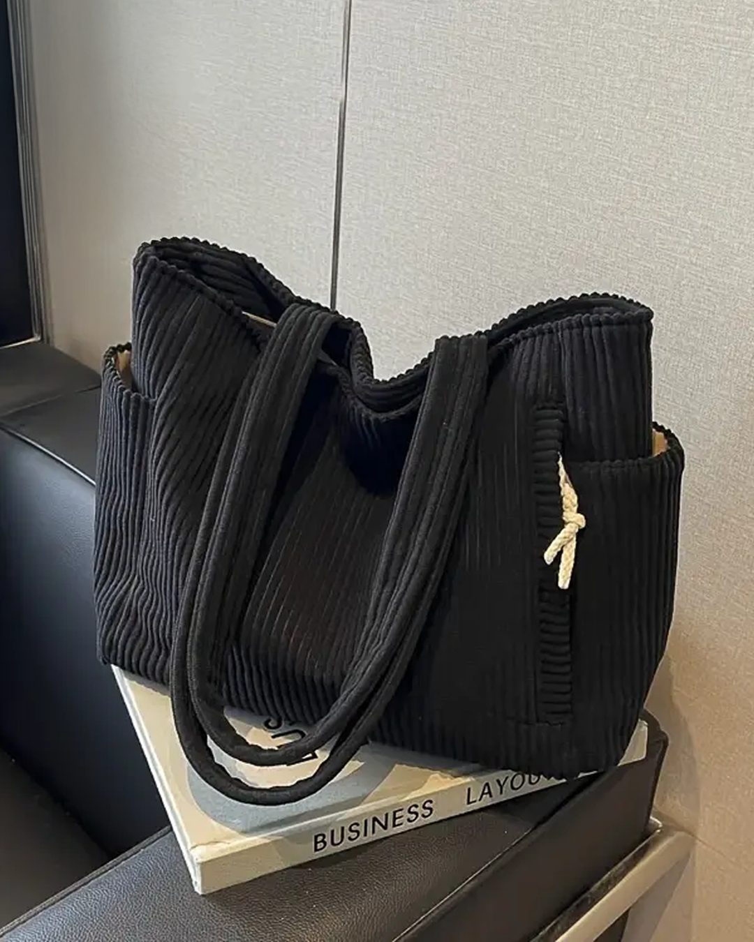 SOCIANI | Trending Ribbed Tote Bag with Drawstring Detail
