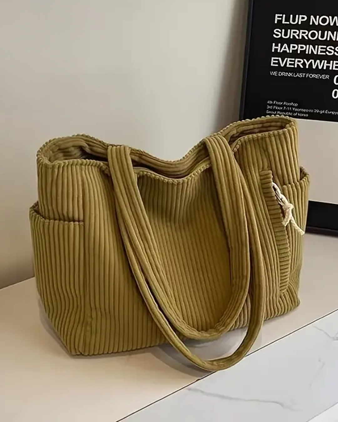 SOCIANI | Trending Ribbed Tote Bag with Drawstring Detail