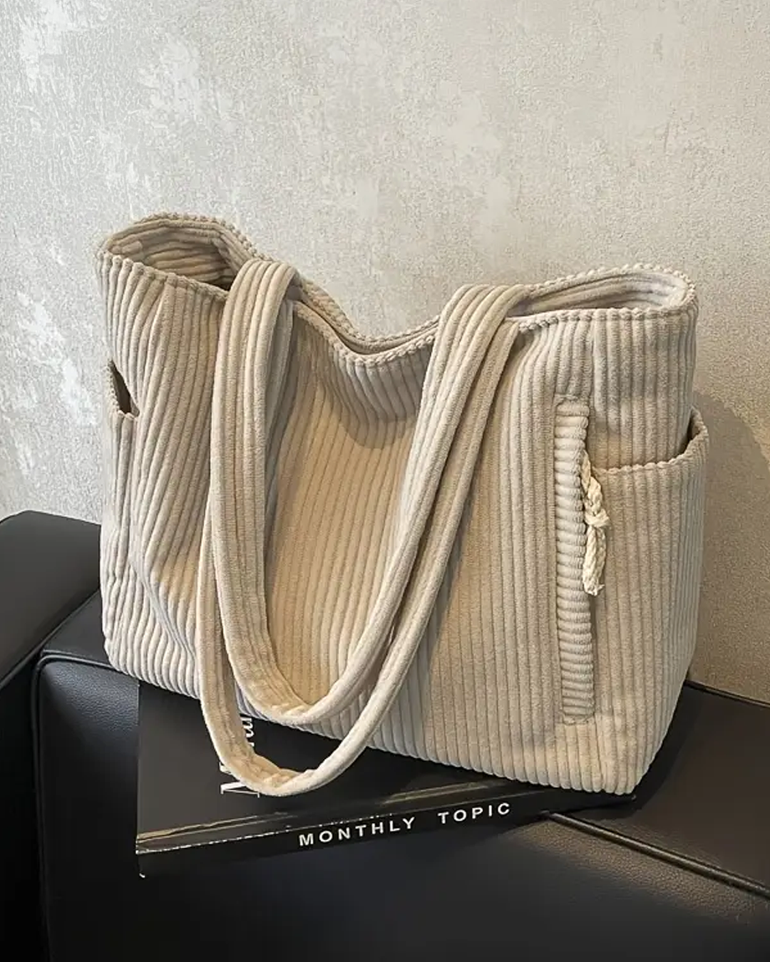 SOCIANI | Trending Ribbed Tote Bag with Drawstring Detail