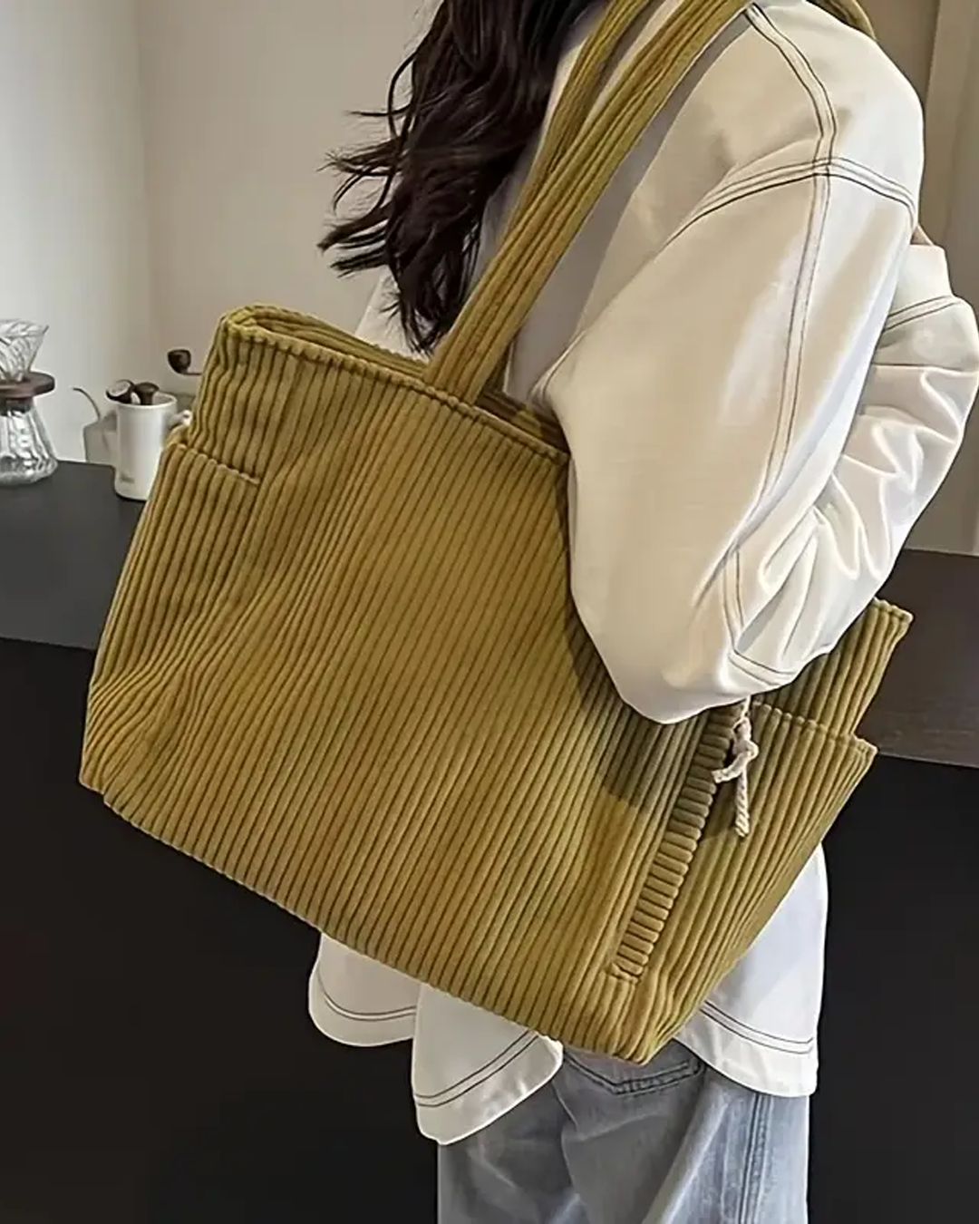 SOCIANI | Trending Ribbed Tote Bag with Drawstring Detail