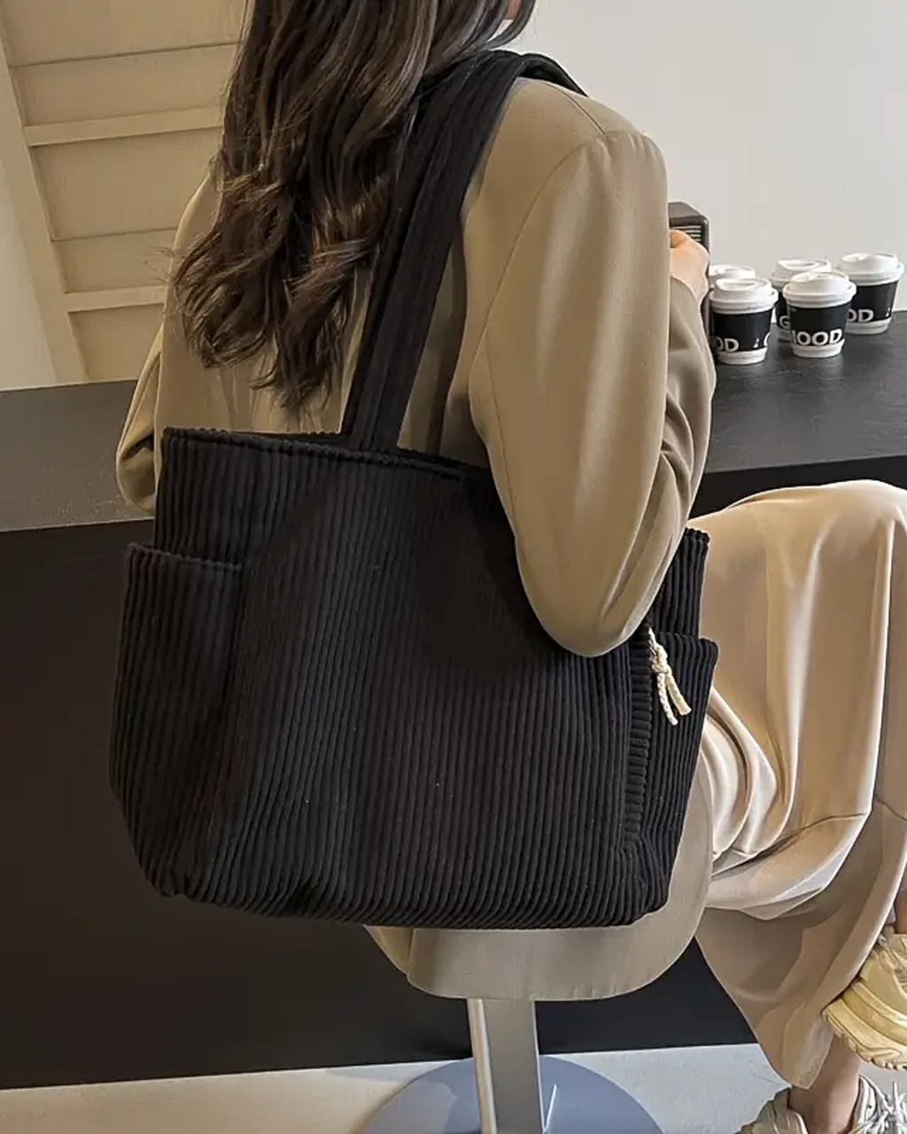 SOCIANI | Trending Ribbed Tote Bag with Drawstring Detail